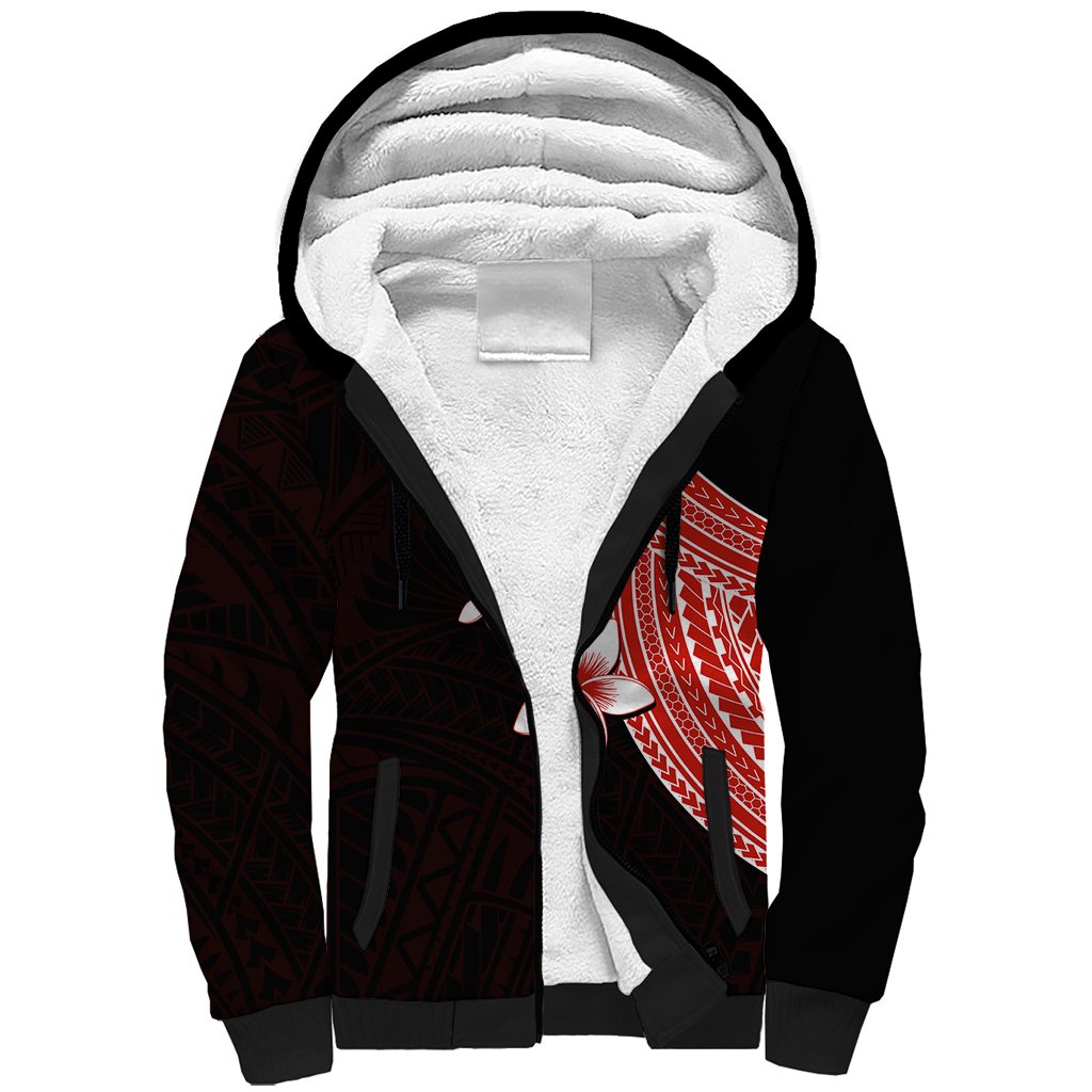 Polynesian Sherpa Hoodie With Plumeria Flower Red