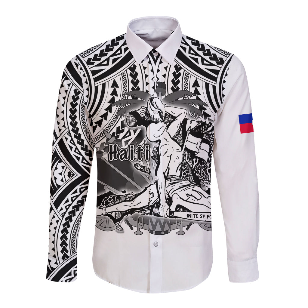 (Custom Personalised) Haiti Long Sleeve Button Shirt Polynesian Neg Maron White Style