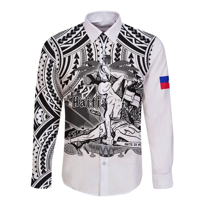 (Custom Personalised) Haiti Long Sleeve Button Shirt Polynesian Neg Maron White Style