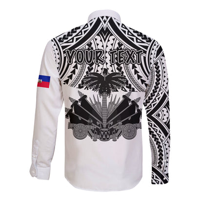 (Custom Personalised) Haiti Long Sleeve Button Shirt Polynesian Neg Maron White Style