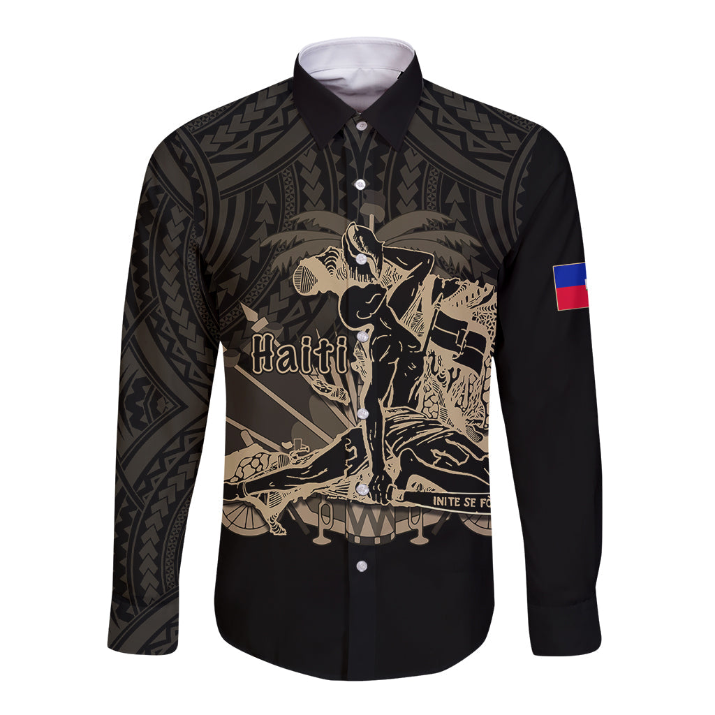 (Custom Personalised) Haiti Long Sleeve Button Shirt Polynesian Neg Maron Black Style