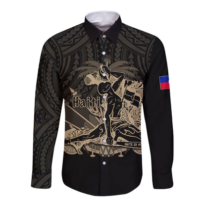 (Custom Personalised) Haiti Long Sleeve Button Shirt Polynesian Neg Maron Black Style