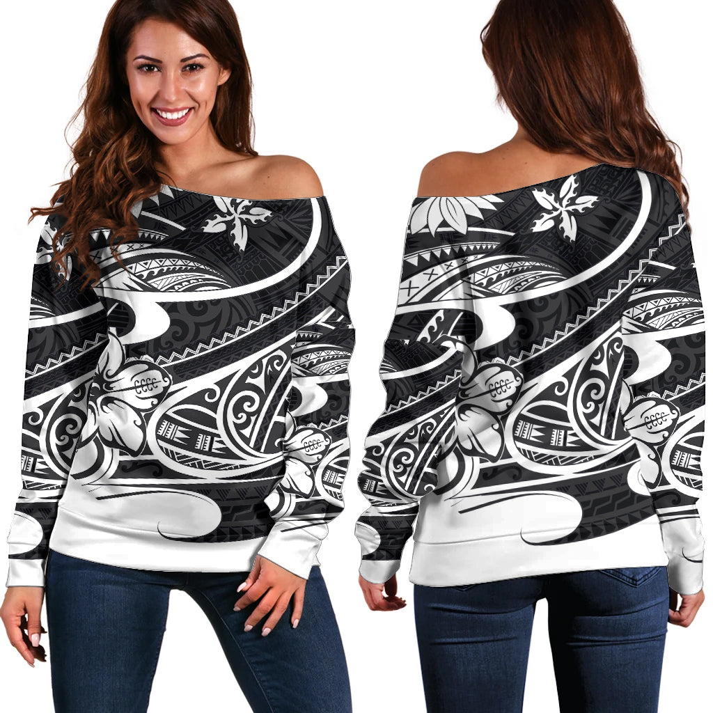 Polynesian Tribal Off Shoulder Sweater Black