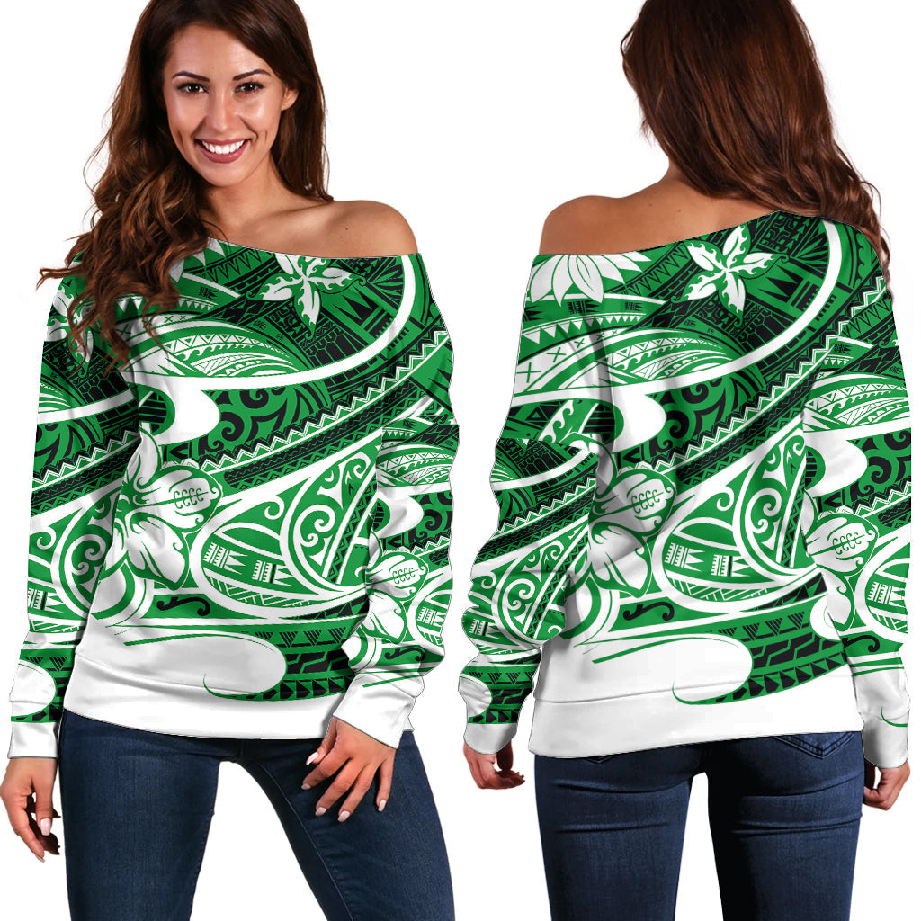 Polynesian Tribal Off Shoulder Sweater Green
