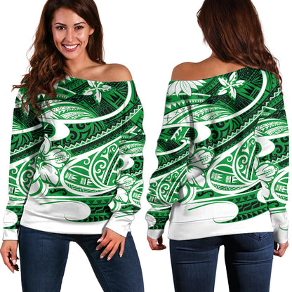 Polynesian Tribal Off Shoulder Sweater Green