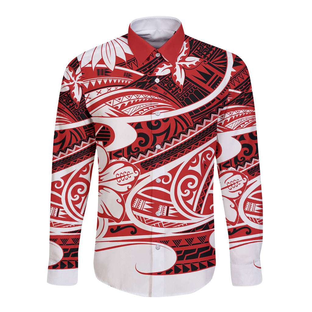 Polynesian Tribal Long Sleeve Button Shirt Red