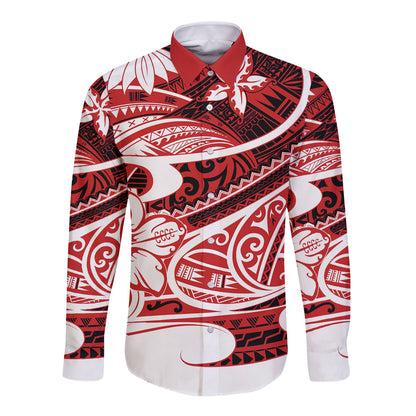 Polynesian Tribal Long Sleeve Button Shirt Red