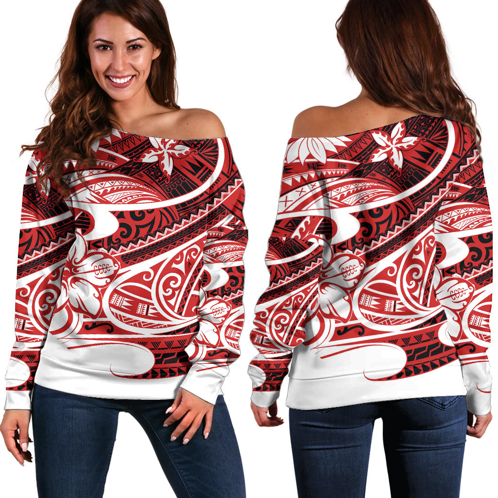 Polynesian Tribal Off Shoulder Sweater Red