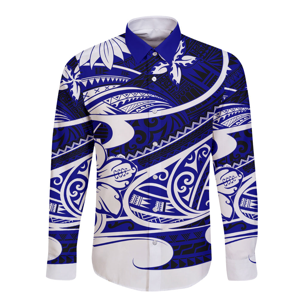 Polynesian Tribal Long Sleeve Button Shirt Blue