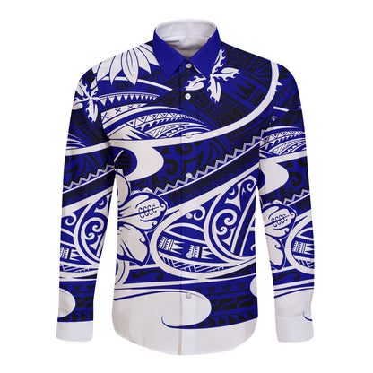 Polynesian Tribal Long Sleeve Button Shirt Blue