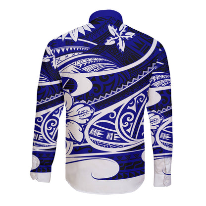 Polynesian Tribal Long Sleeve Button Shirt Blue