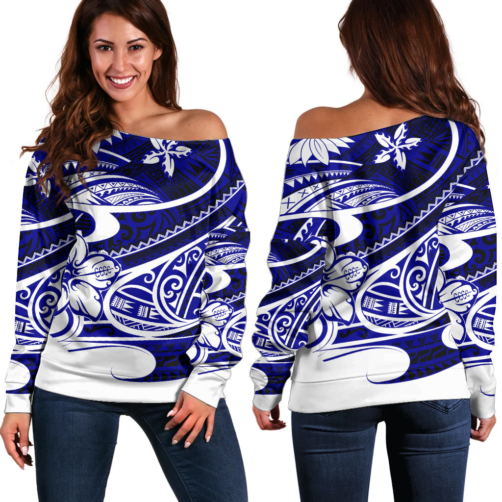 Polynesian Tribal Off Shoulder Sweater Blue