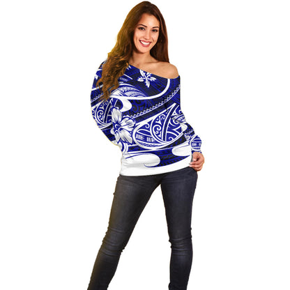 Polynesian Tribal Off Shoulder Sweater Blue