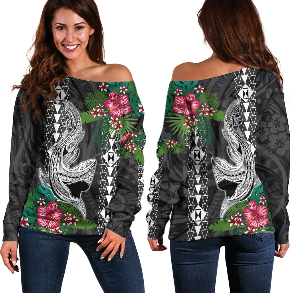 Hawaii Kakau Off Shoulder Sweater Mix Sharks Polynesian Hibiscus