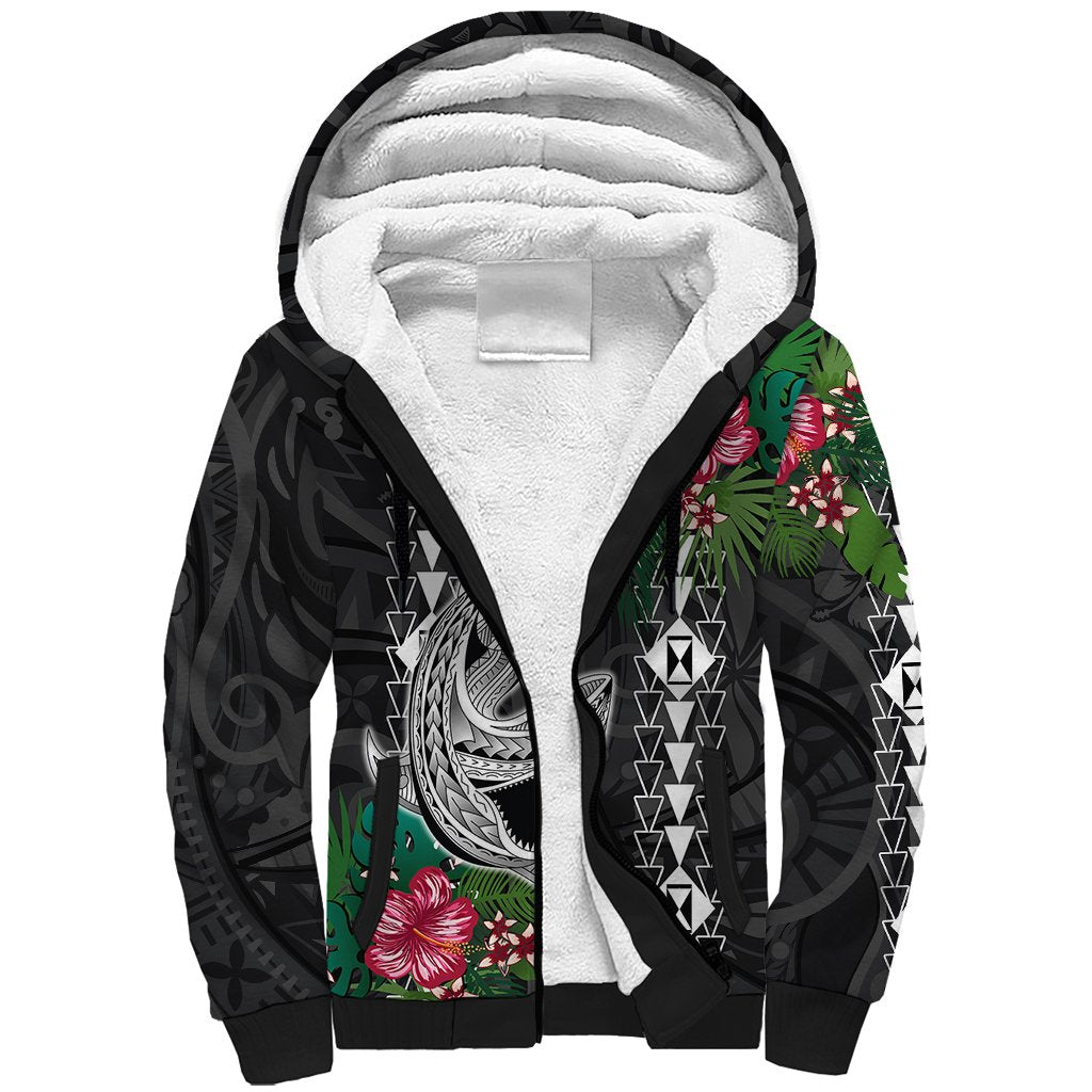 Hawaii Kakau Sherpa Hoodie Mix Sharks Polynesian Hibiscus