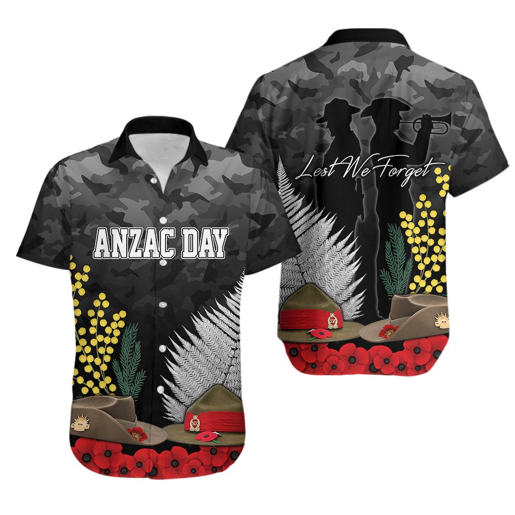 ANZAC DAY Hawaiian Shirt Camo Style - Slouch Hats Mix Silver Fern Golden Wattle
