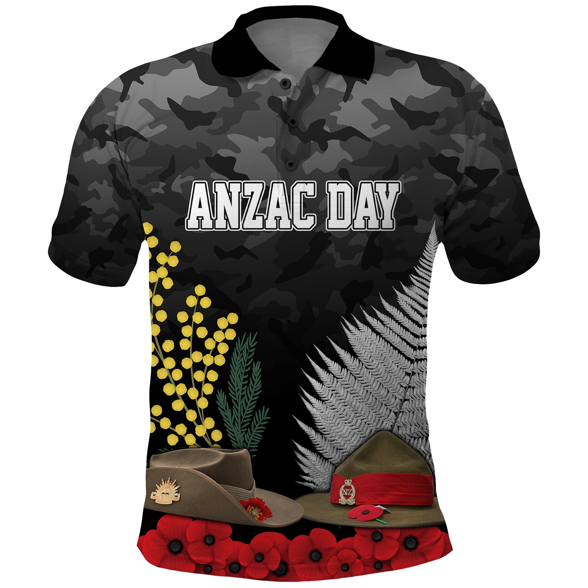 ANZAC DAY Polo Shirt Camo Style - Slouch Hats Mix Silver Fern Golden Wattle