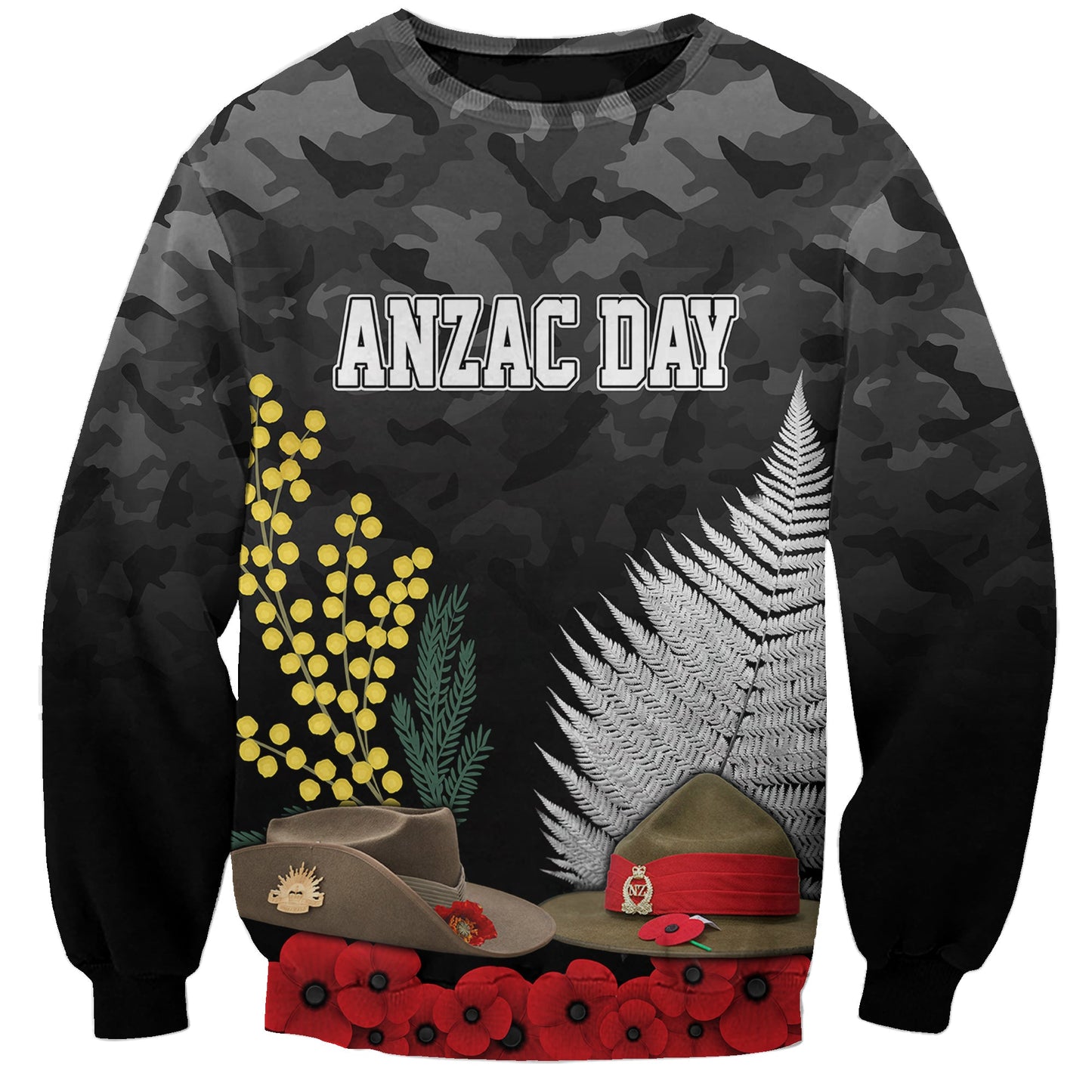 ANZAC DAY Sweatshirt Camo Style Slouch Hats Mix Silver Fern Golden Wattle