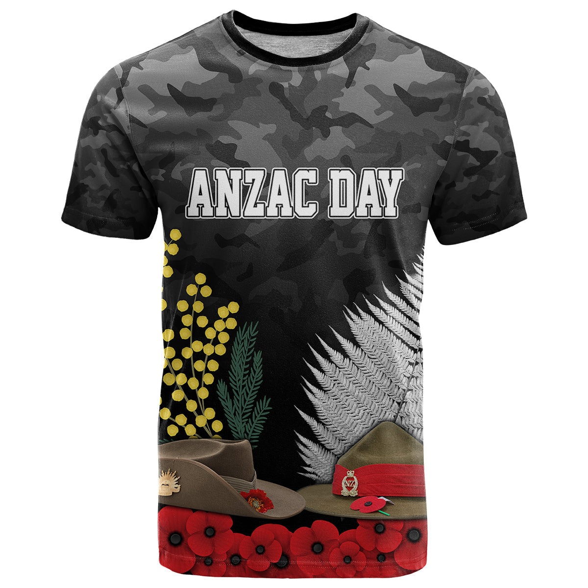 ANZAC DAY T Shirt Camo Style Slouch Hats Mix Silver Fern Golden Wattle