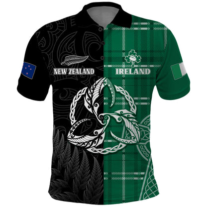 Personalised New Zealand Mix Ireland Rugby Polo Shirt Celtic Knot Mix Silver Ferns
