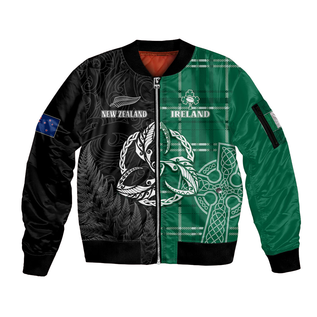 Personalised New Zealand Mix Ireland Rugby Sleeve Zip Bomber Jacket Celtic Knot Mix Silver Ferns