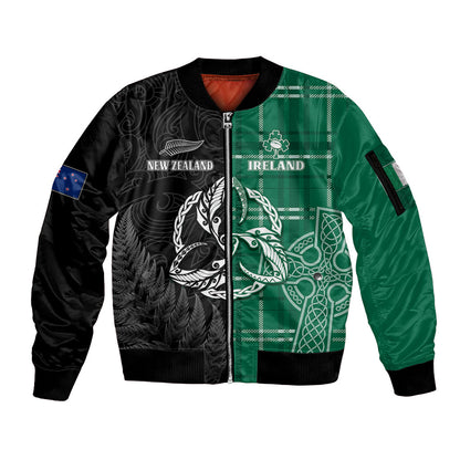 Personalised New Zealand Mix Ireland Rugby Sleeve Zip Bomber Jacket Celtic Knot Mix Silver Ferns