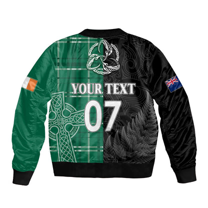 Personalised New Zealand Mix Ireland Rugby Sleeve Zip Bomber Jacket Celtic Knot Mix Silver Ferns