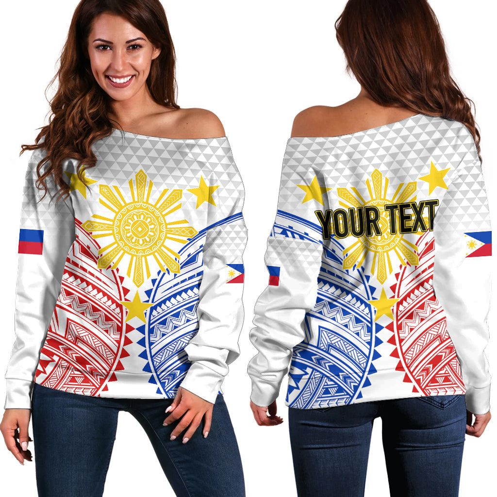 Personalised Philippines Independence Day Off Shoulder Sweater Tribal Sun and Stars Ver 01