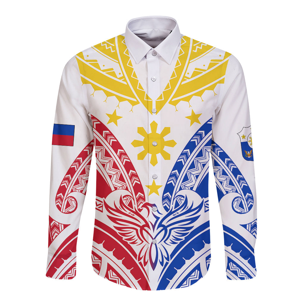 Philippines Independence Day Long Sleeve Button Shirt Tribal Sun and Stars Ver 02