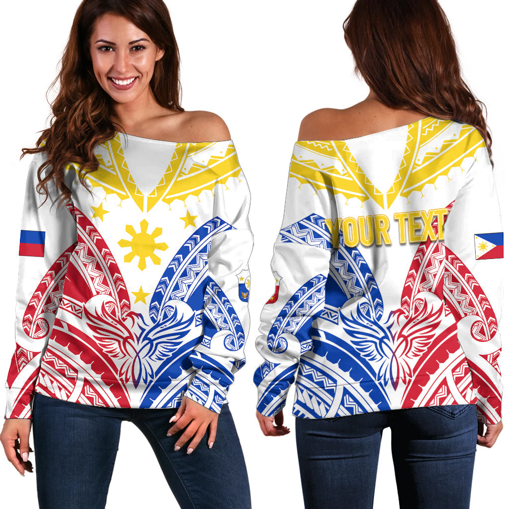 Personalised Philippines Independence Day Off Shoulder Sweater Tribal Sun and Stars Ver 02