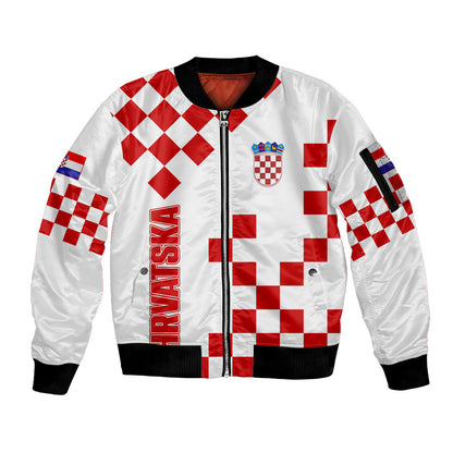 Croatia National Day Sleeve Zip Bomber Jacket Checkerboard Hrvatska Simple Style 01