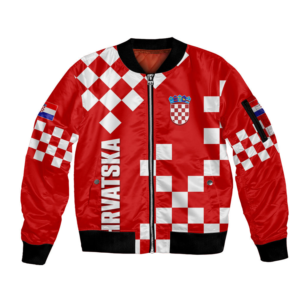 Croatia National Day Sleeve Zip Bomber Jacket Checkerboard Hrvatska Simple Style 02