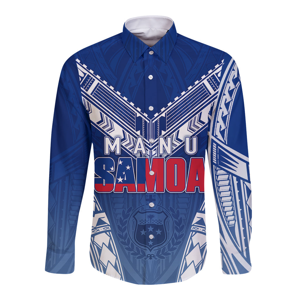 Personalised Samoa Rugby Long Sleeve Button Shirt Manu Samoa Gradient Blue