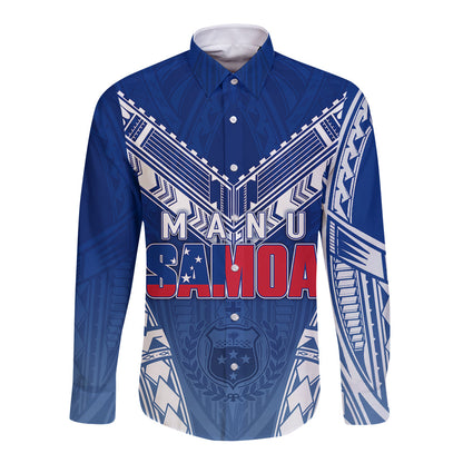 Personalised Samoa Rugby Long Sleeve Button Shirt Manu Samoa Gradient Blue