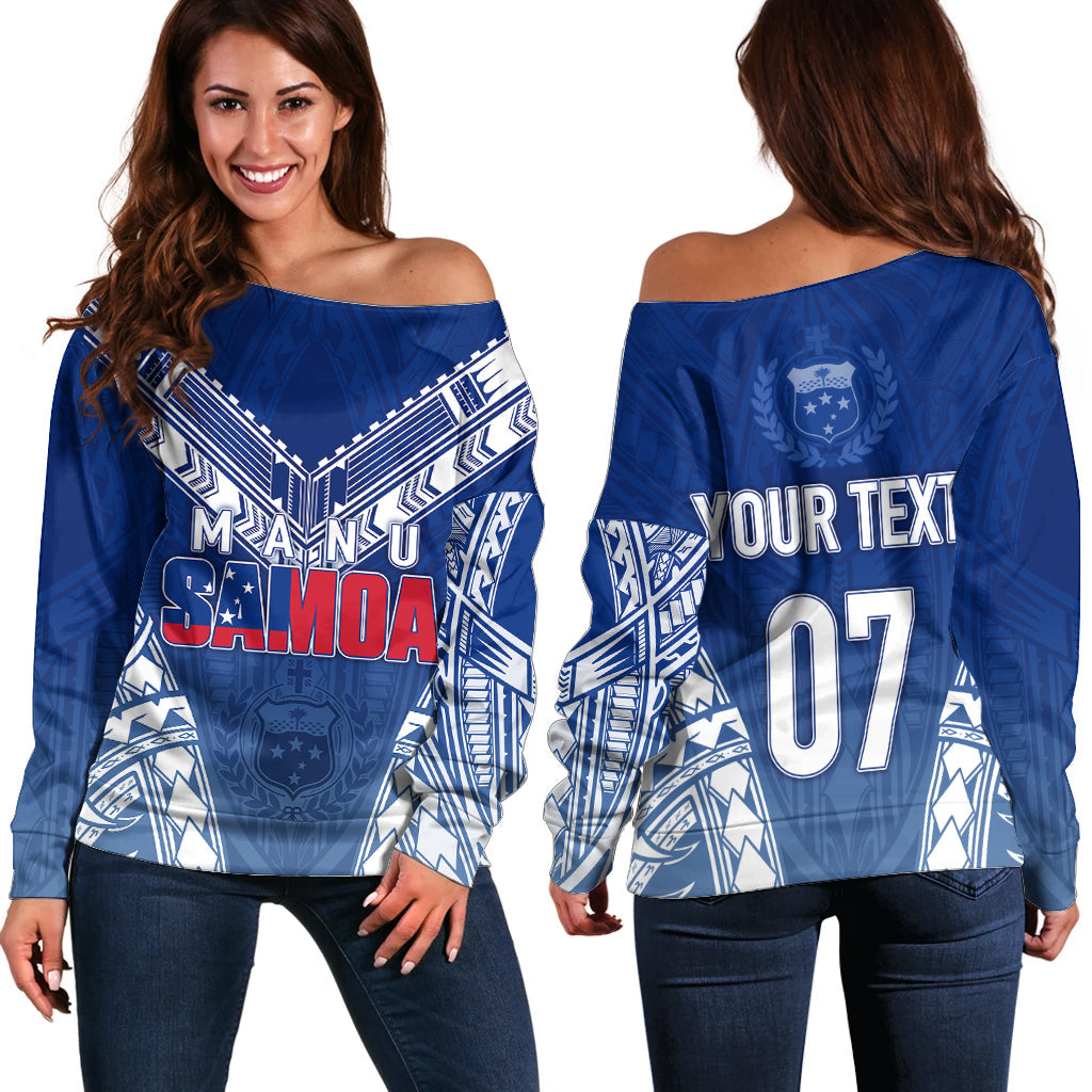 Personalised Samoa Rugby Off Shoulder Sweater Manu Samoa Gradient Blue