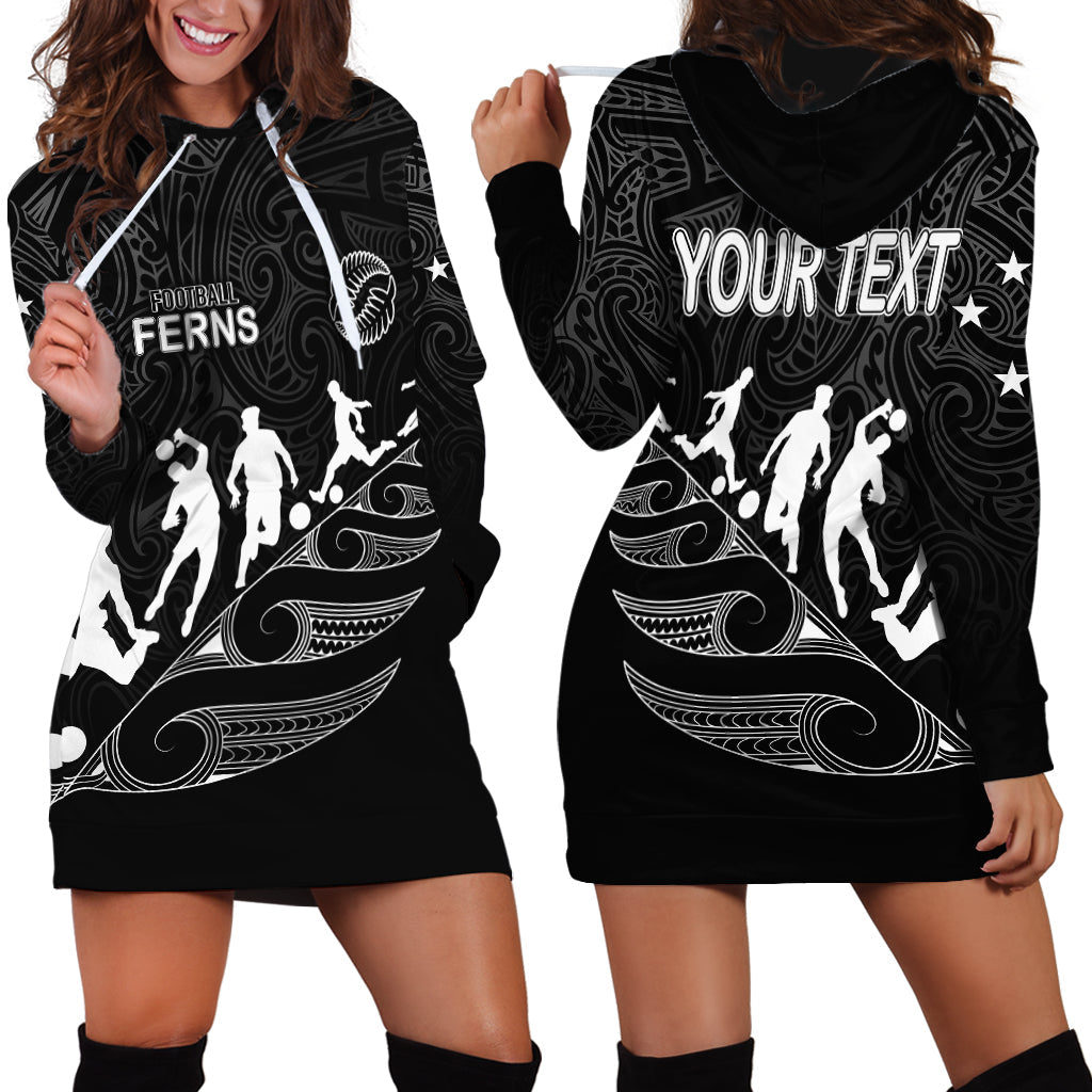 Personalised New Zealand Football Ferns Hoodie Dress Women World Cup 2023 Tribal Koru Pattern