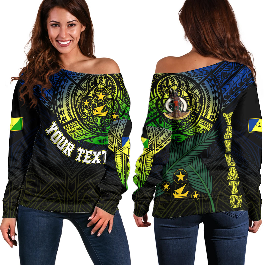 Personalised Vanuatu Off Shoulder Sweater Turtle Chest Tattoo Flag Color Malampa