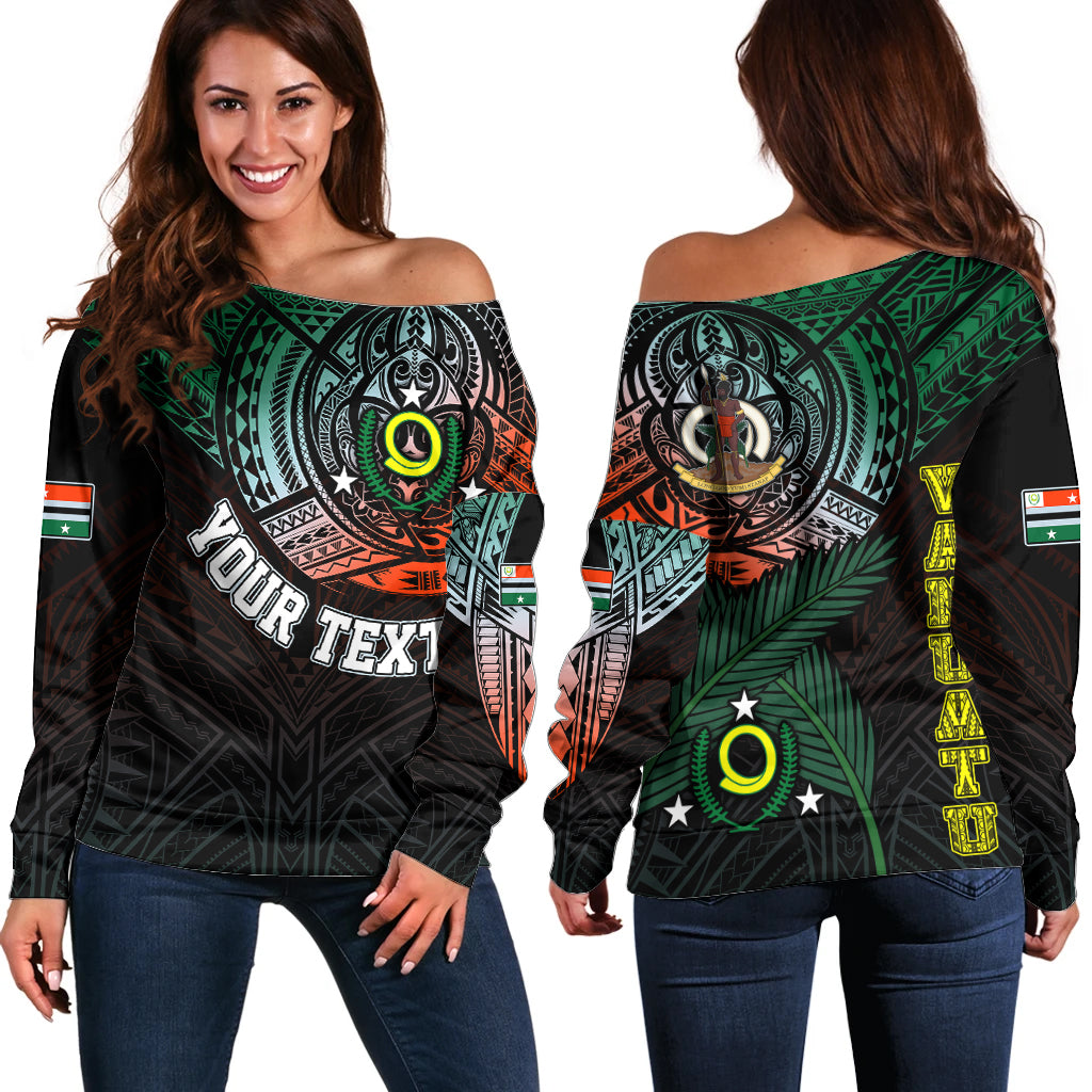 Personalised Vanuatu Off Shoulder Sweater Turtle Chest Tattoo Flag Color Penama