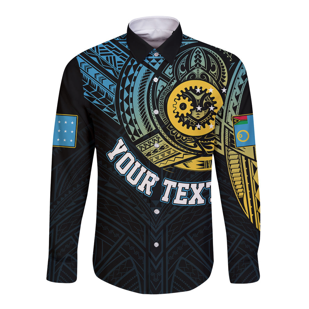 Personalised Vanuatu Long Sleeve Button Shirt Turtle Chest Tattoo Flag Color Sanma