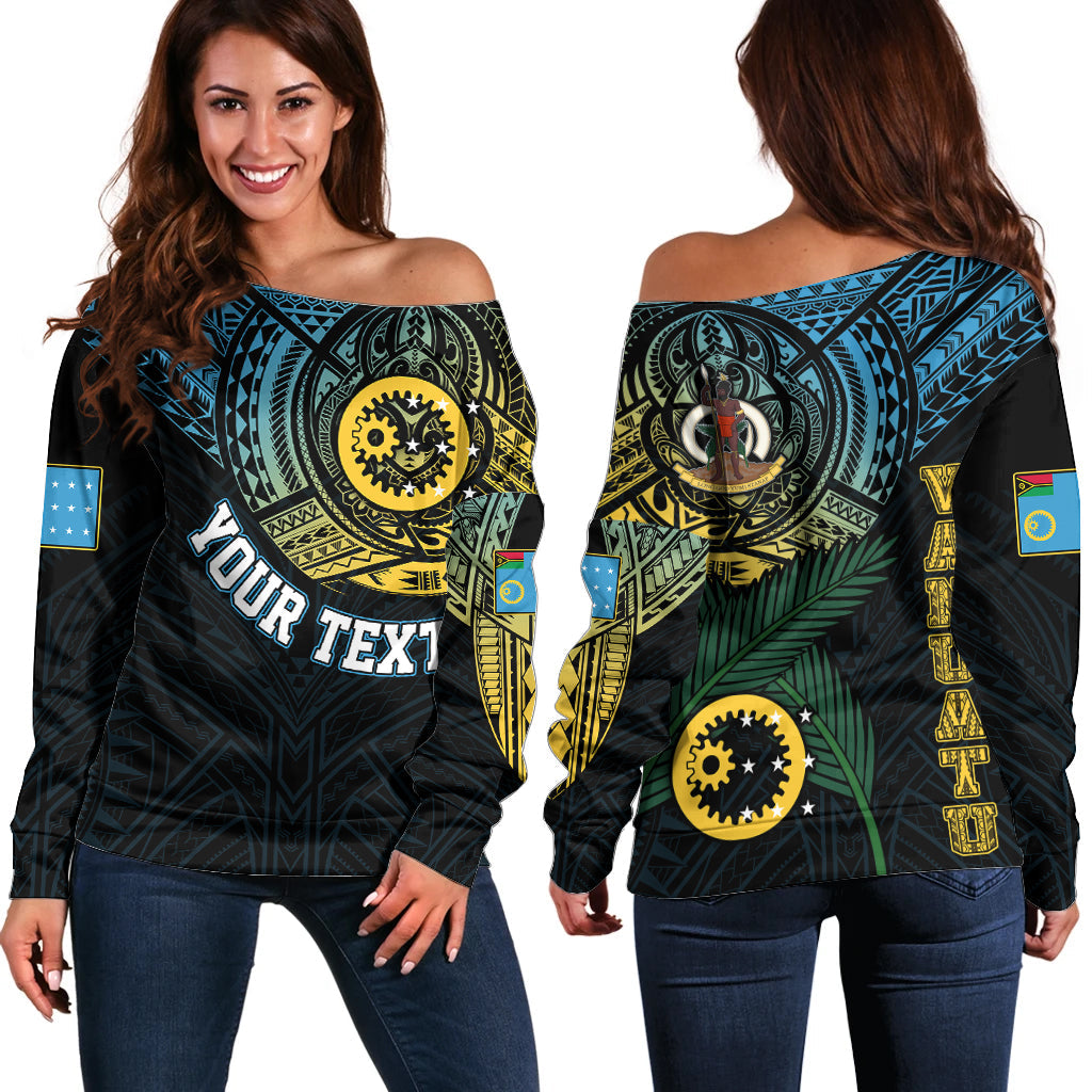 Personalised Vanuatu Off Shoulder Sweater Turtle Chest Tattoo Flag Color Sanma