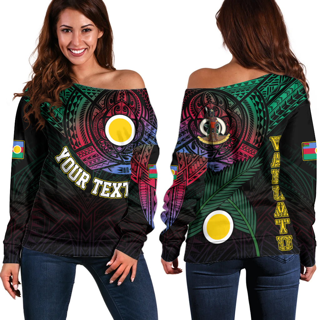 Personalised Vanuatu Off Shoulder Sweater Turtle Chest Tattoo Flag Color Shefa