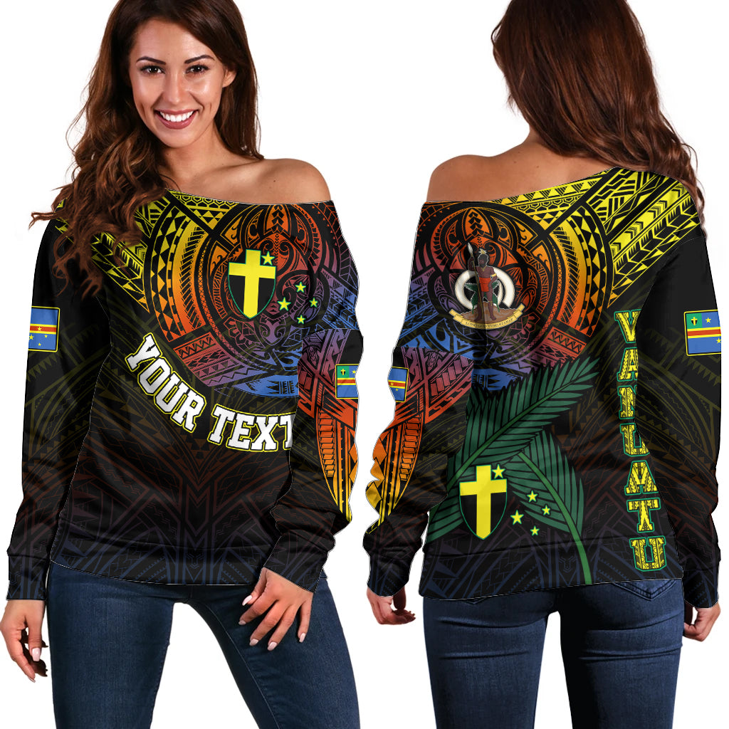 Personalised Vanuatu Off Shoulder Sweater Turtle Chest Tattoo Flag Color Tafea