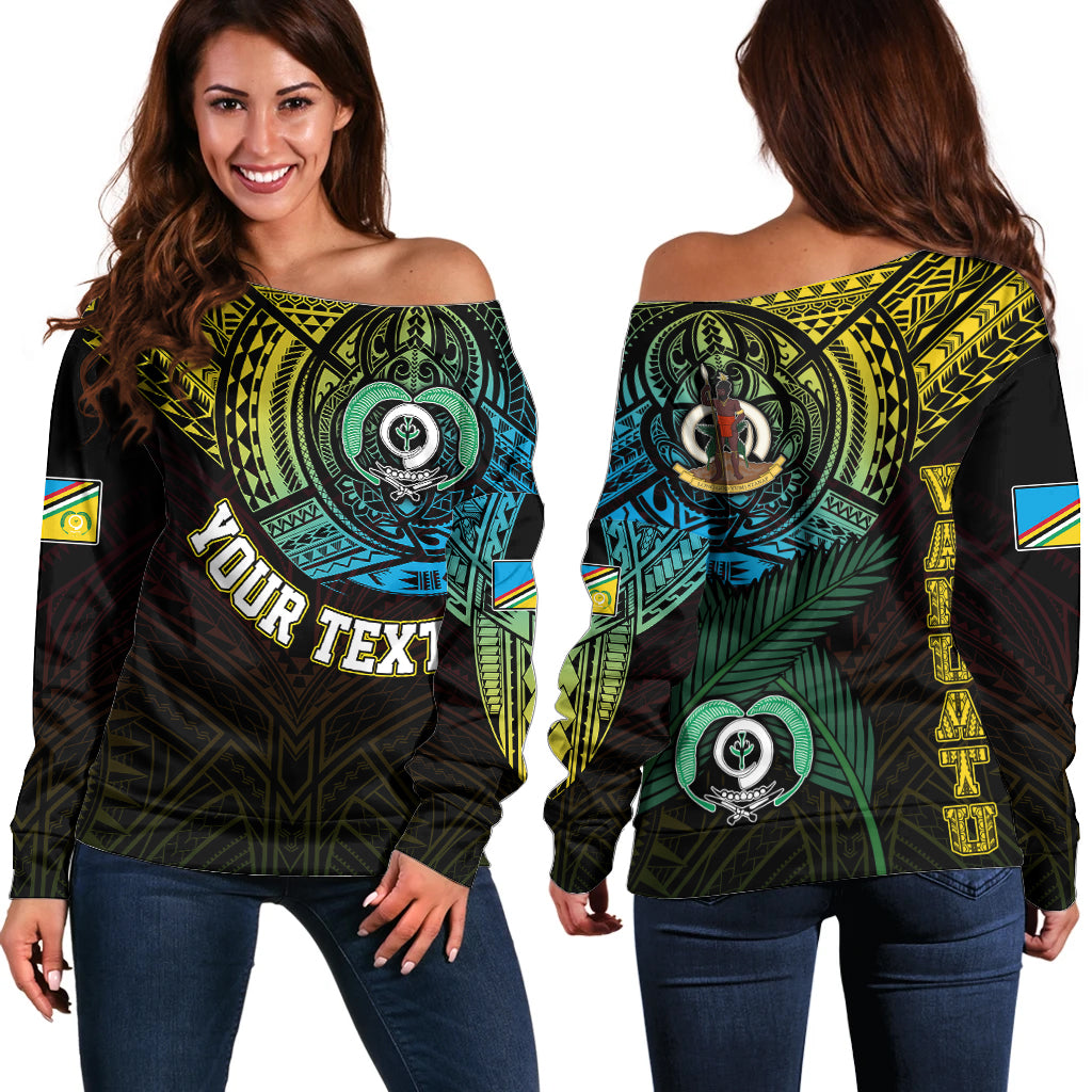 Personalised Vanuatu Off Shoulder Sweater Turtle Chest Tattoo Flag Color Torba