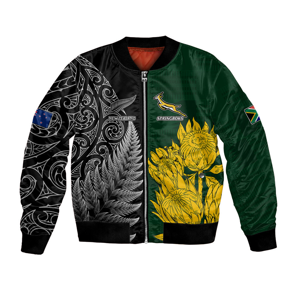 Personalised New Zealand Mix South Africa Rugby Bomber Jacket Protea Vs. Silver Ferns