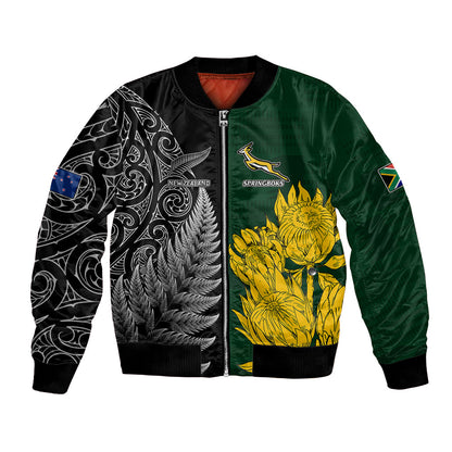 Personalised New Zealand Mix South Africa Rugby Bomber Jacket Protea Vs. Silver Ferns