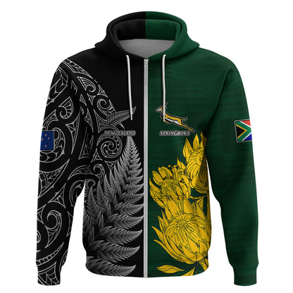 Personalised New Zealand Mix South Africa Rugby Hoodie Protea Vs. Silver Ferns