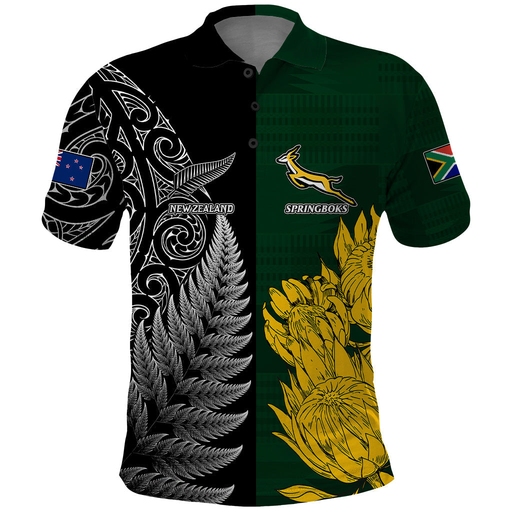 Personalised New Zealand Mix South Africa Rugby Polo Shirt Protea Vs. Silver Ferns