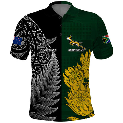 Personalised New Zealand Mix South Africa Rugby Polo Shirt Protea Vs. Silver Ferns