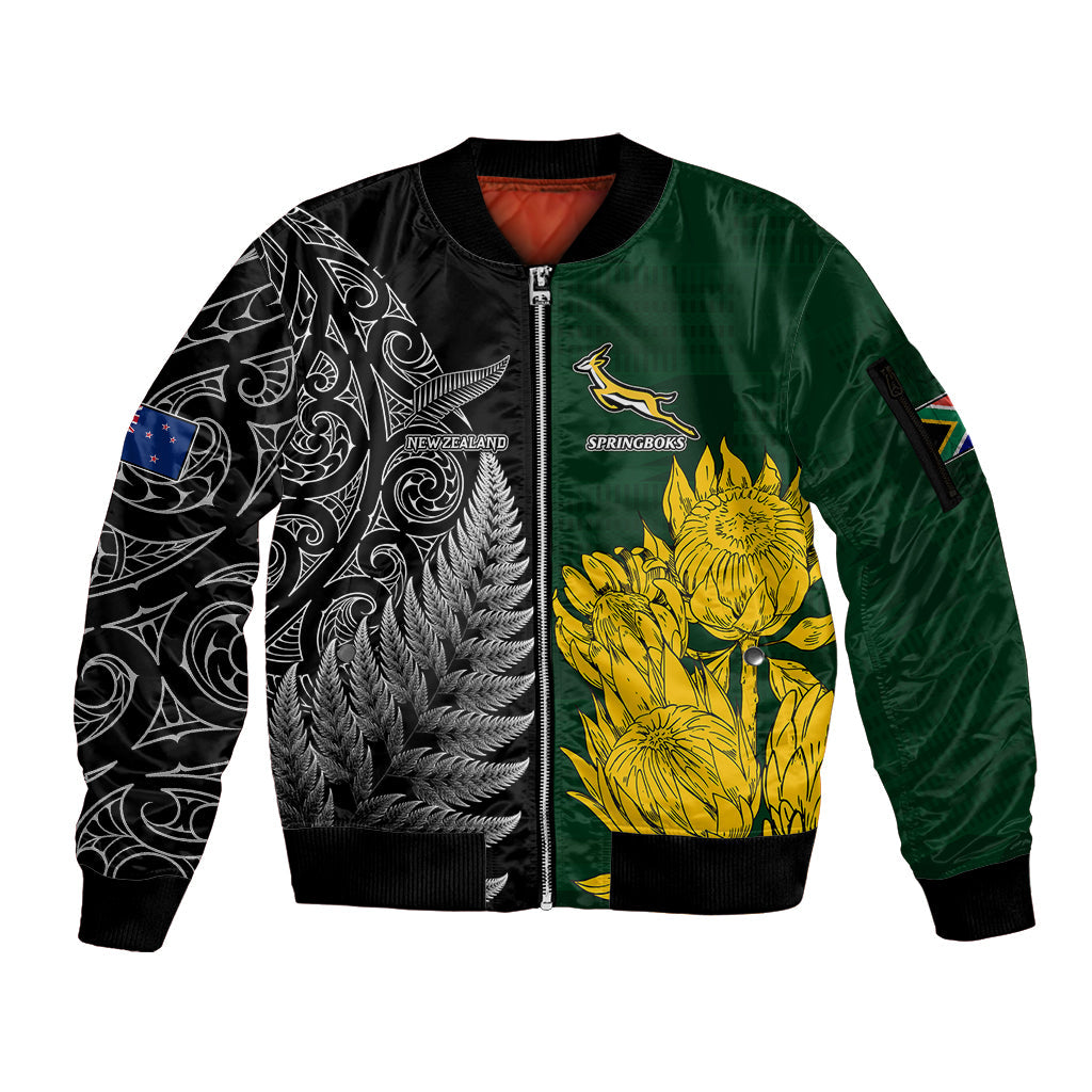 Personalised New Zealand Mix South Africa Rugby Sleeve Zip Bomber Jacket Protea Vs. Silver Ferns