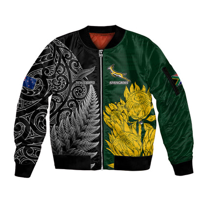 Personalised New Zealand Mix South Africa Rugby Sleeve Zip Bomber Jacket Protea Vs. Silver Ferns